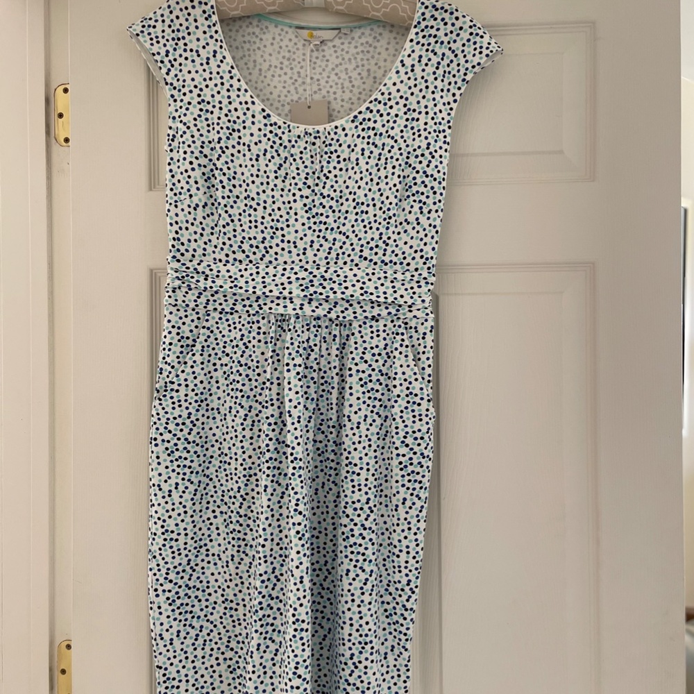 Boden summer/spring dress, 6R, white with blue, black and turquoise polka dots